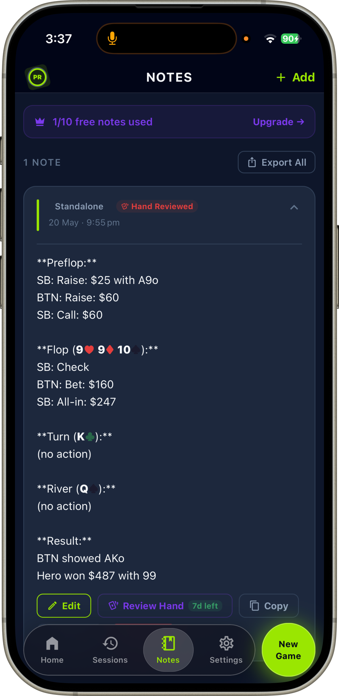 PokerRoll hand notes